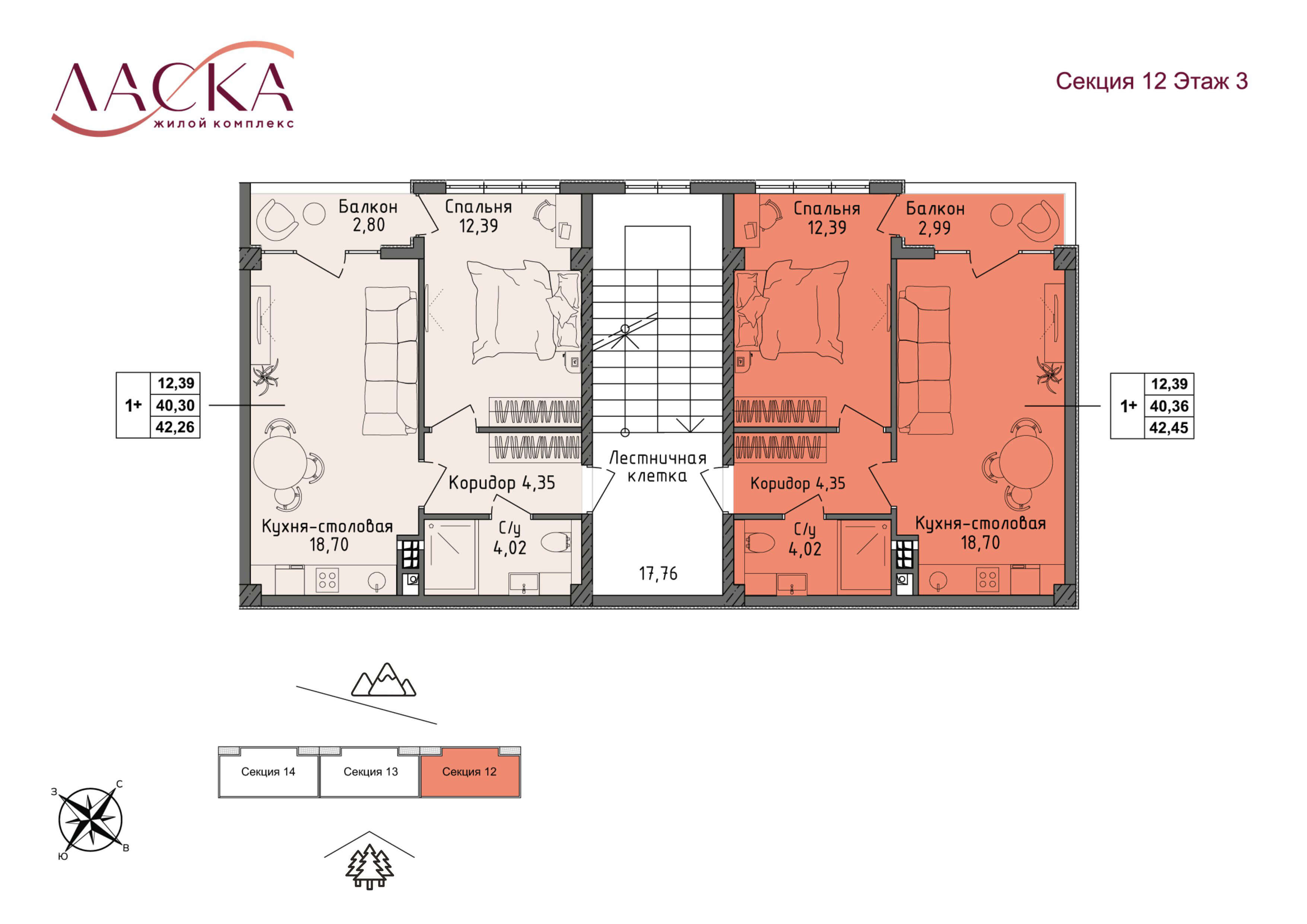 Планировка Квартира 1‑комнатная площадью 40.36 м² №93 корпус Жилой комплекс Ласка продаётся в городе Алушта «ЖК Ласка» от застройщика по цене 16 278 000 ₽ – Море Близко