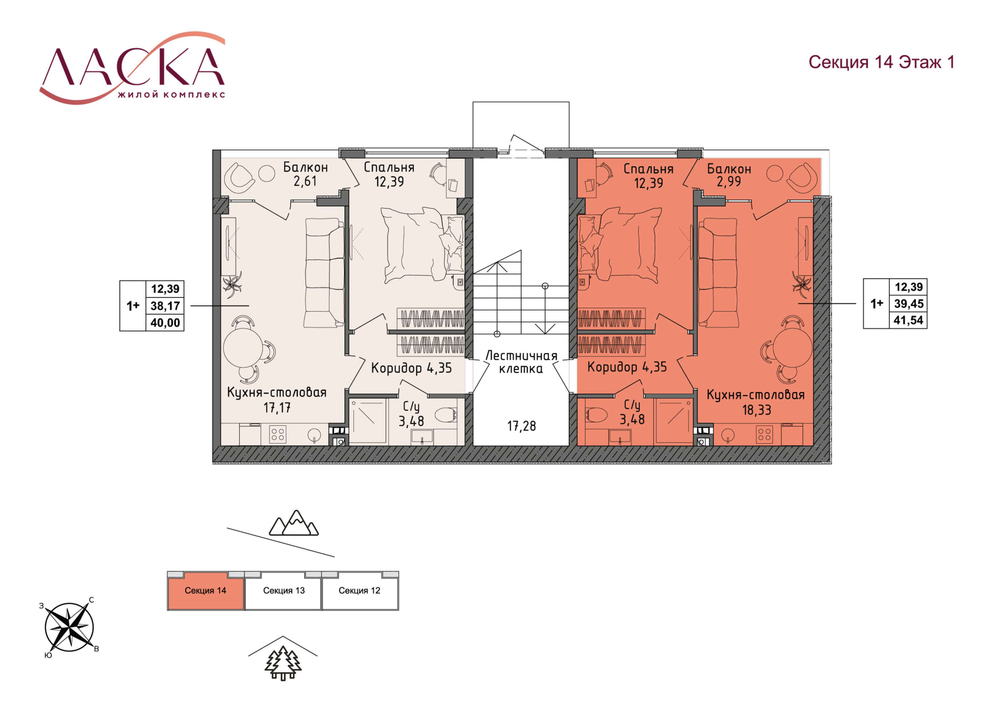 Планировка Квартира 1‑комнатная площадью 38.17 м² №106 корпус Жилой комплекс Ласка продаётся в городе Алушта «ЖК Ласка» от застройщика по цене 14 707 000 ₽ – Море Близко