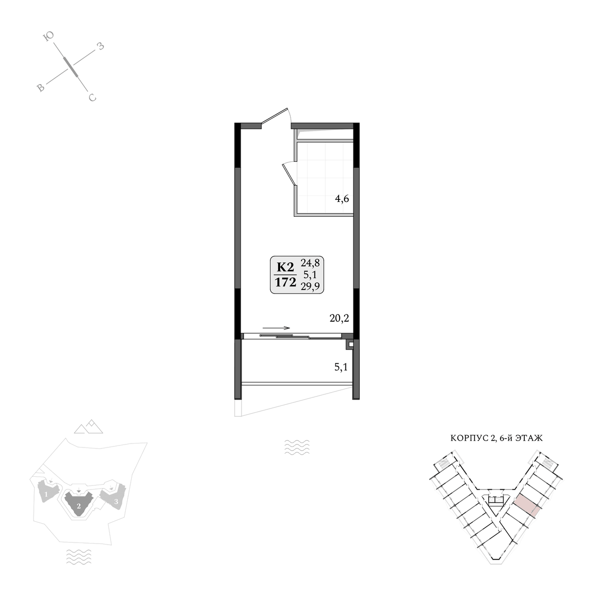 Планировка Студия площадью 29.90 м² с видом на море №172 продаётся в городе Алушта «АК Летто» от застройщика по цене 16 347 248 ₽ – Море Близко