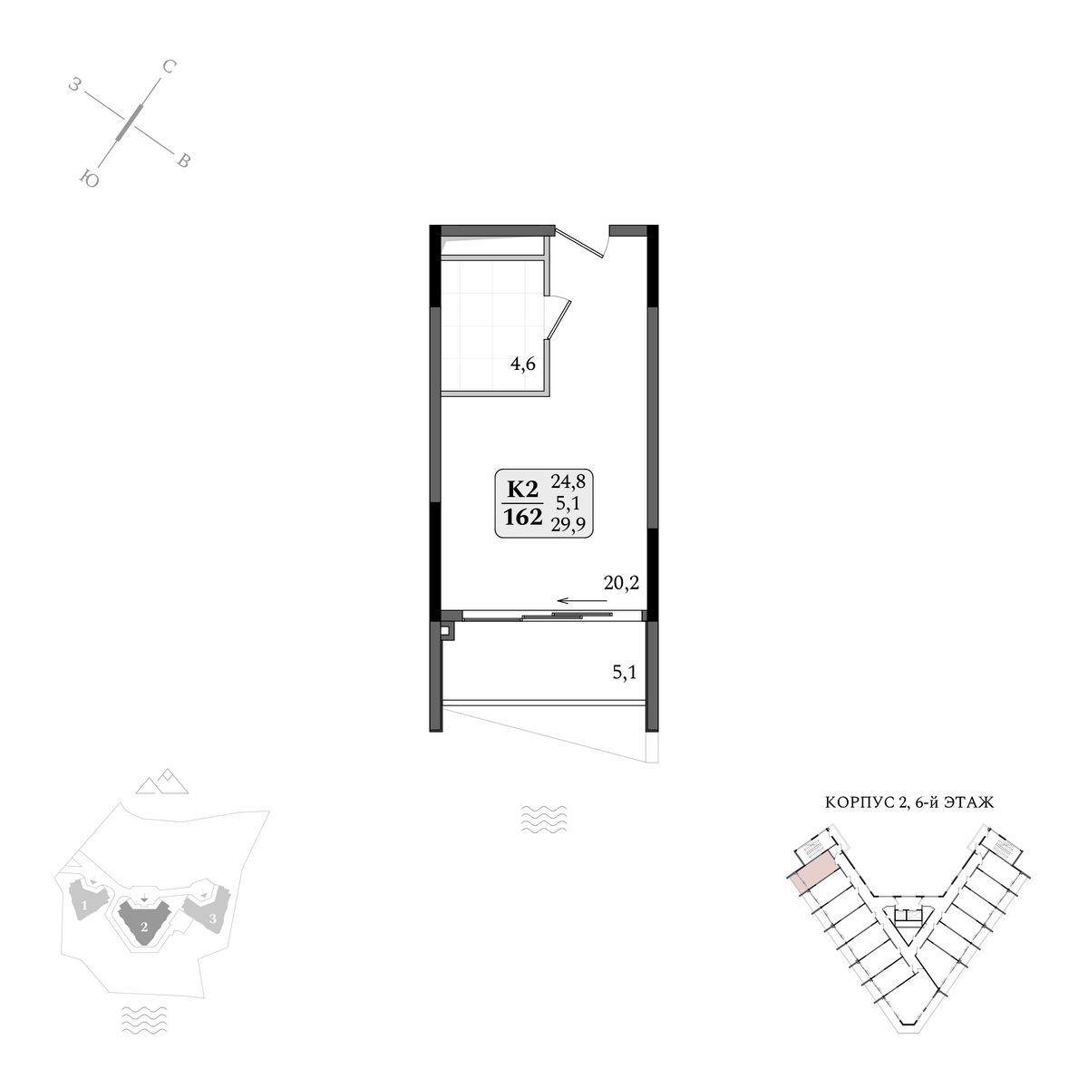 Планировка Студия площадью 29.90 м² с видом на море №162 продаётся в городе Алушта «АК Летто» от застройщика по цене 16 136 919 ₽ – Море Близко