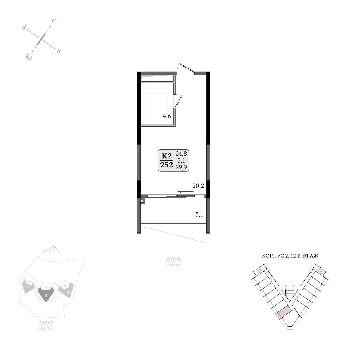 Планировка Студия площадью 29.90 м² с видом на море №252 продаётся в городе Утёс «АК Летто» от застройщика по цене 15 694 700 ₽ – МОРЕ БЛИЗКО