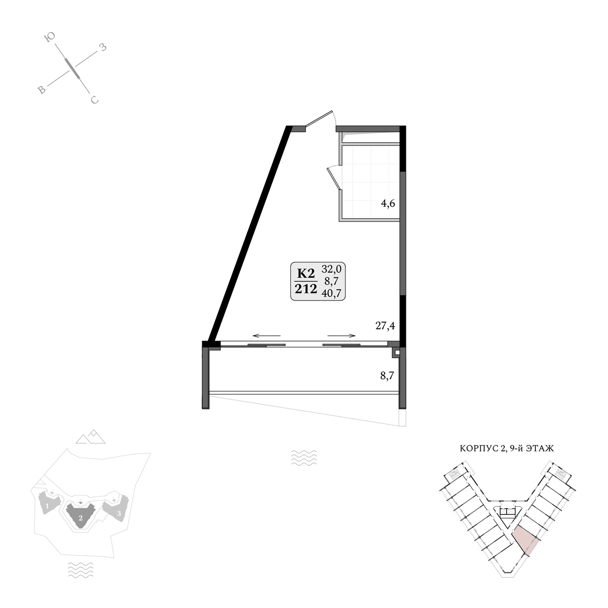 Планировка Студия площадью 40.70 м² с видом на море №212 продаётся в городе Утёс «АК Летто» от застройщика по цене 20 348 300 ₽ – МОРЕ БЛИЗКО
