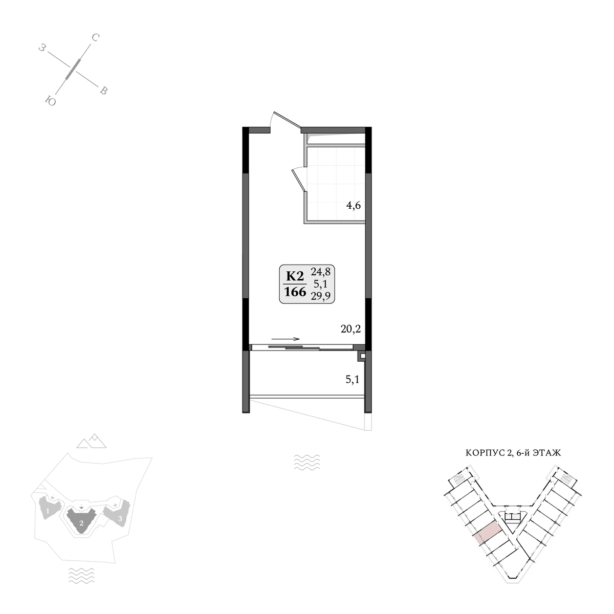 Планировка Студия площадью 29.90 м² с видом на море №166 продаётся в городе Алушта «АК Летто» от застройщика по цене 16 136 919 ₽ – Море Близко