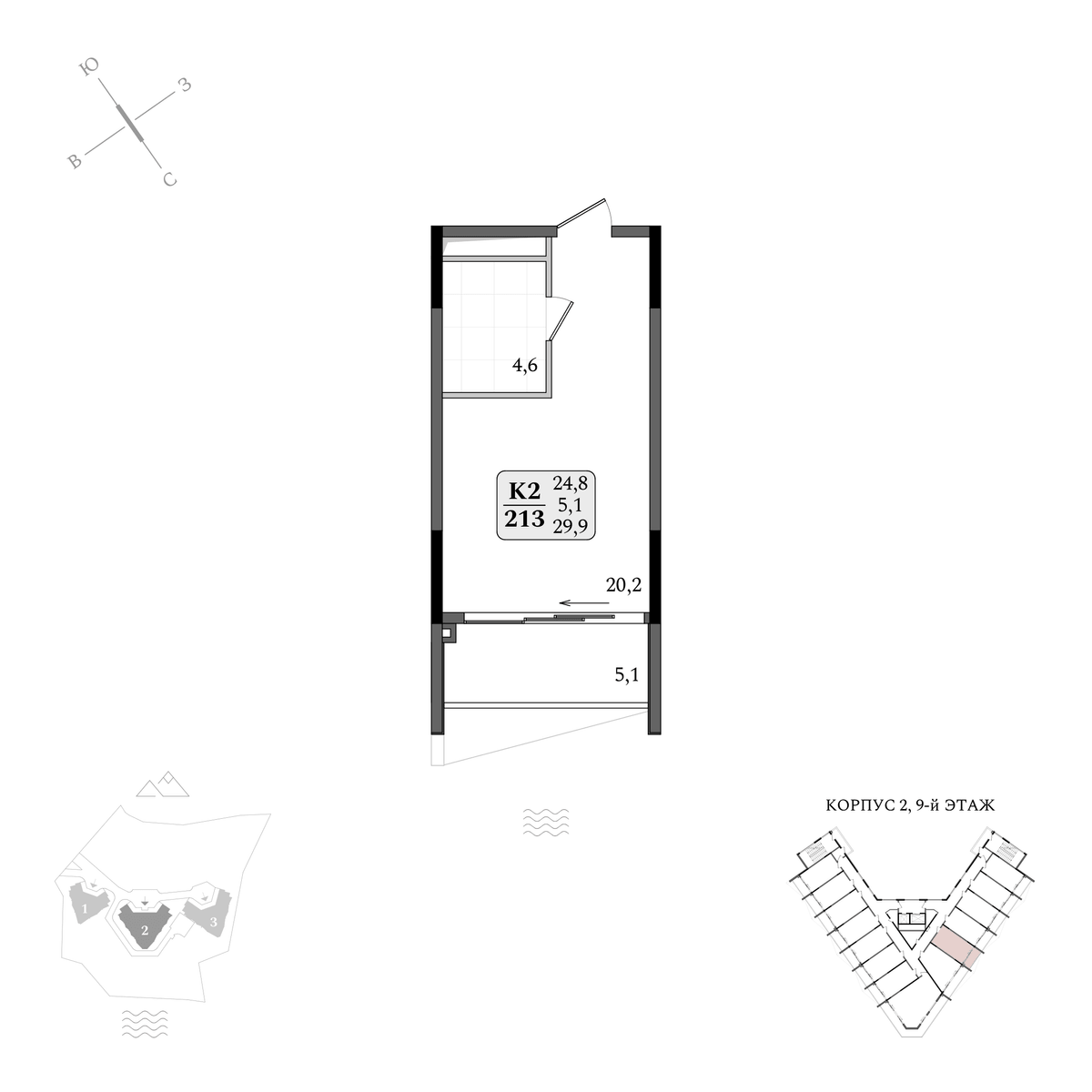 Планировка Студия площадью 29.90 м² с видом на море №213 продаётся в городе Алушта «АК Летто» от застройщика по цене 15 573 030 ₽ – МОРЕ БЛИЗКО