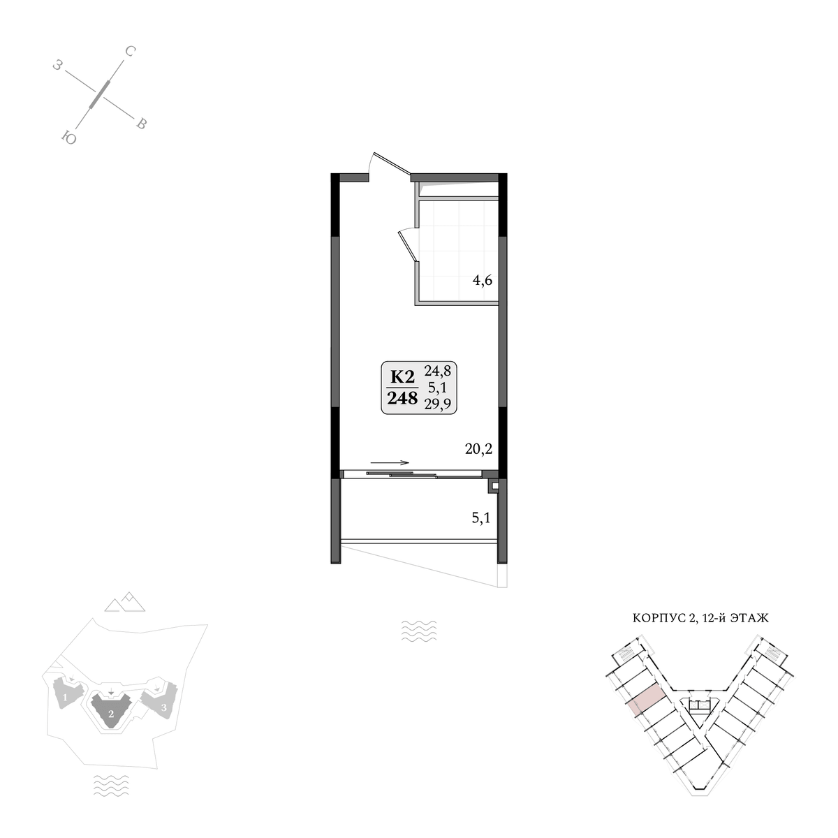 Планировка Студия площадью 29.90 м² с видом на море №248 продаётся в городе Утёс «АК Летто» от застройщика по цене 15 694 700 ₽ – МОРЕ БЛИЗКО