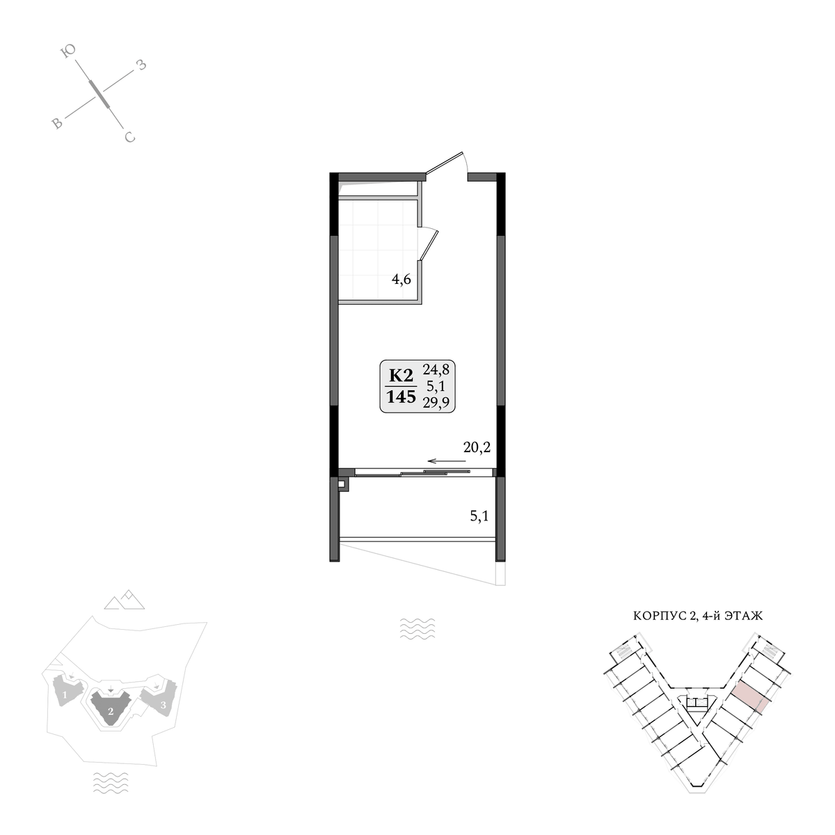Планировка Студия площадью 29.90 м² с видом на море №145 продаётся в городе Алушта «АК Летто» от застройщика по цене 16 136 919 ₽ – Море Близко