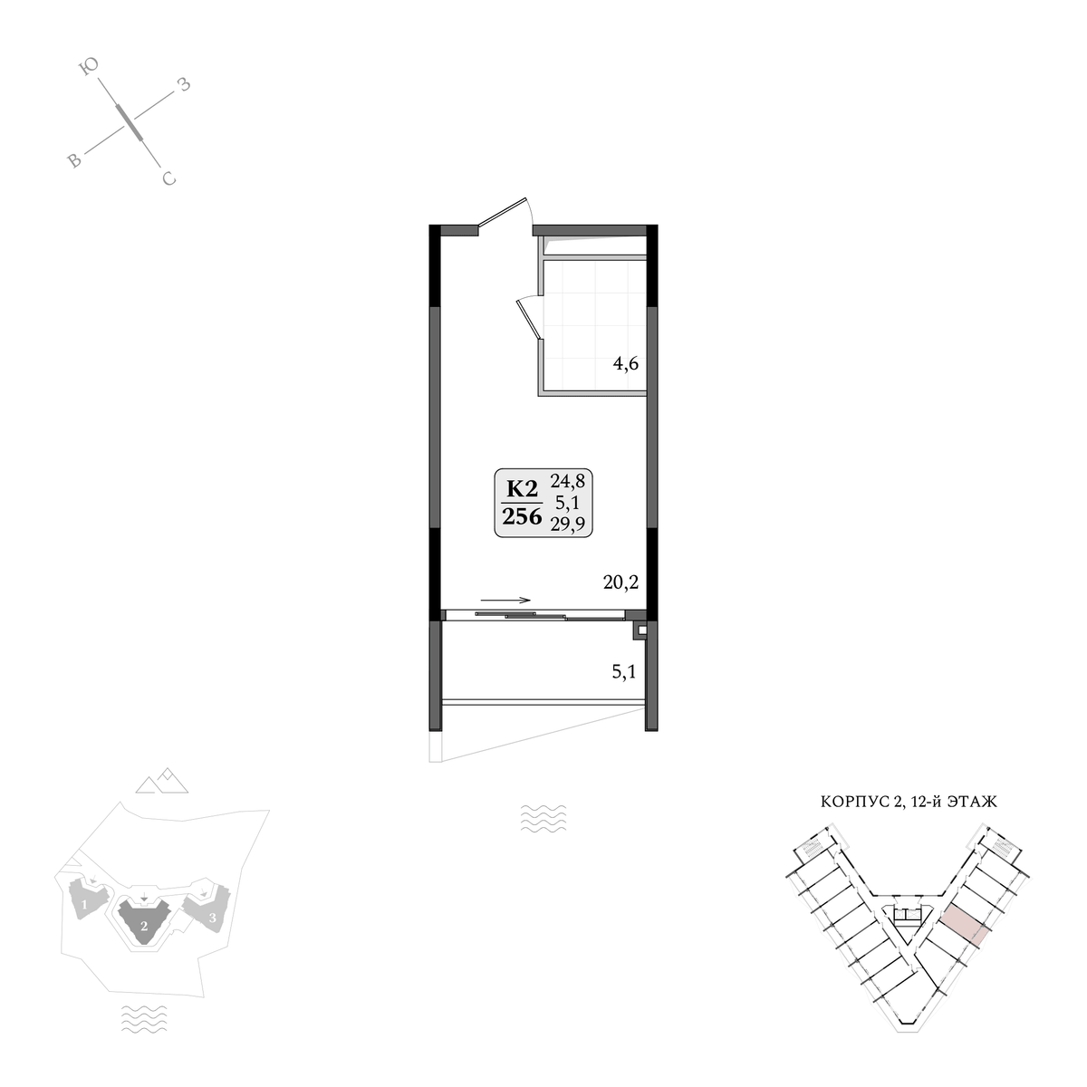 Планировка Студия площадью 29.90 м² с видом на море №256 продаётся в городе Утёс «АК Летто» от застройщика по цене 15 926 070 ₽ – МОРЕ БЛИЗКО