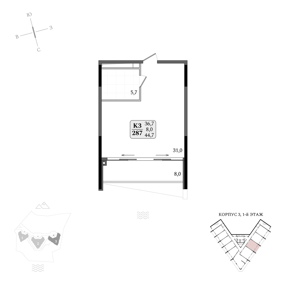 Планировка Студия площадью 44.70 м² с видом на море №287 продаётся в городе Алушта «АК Летто» от застройщика по цене 16 029 577 ₽ – Море Близко