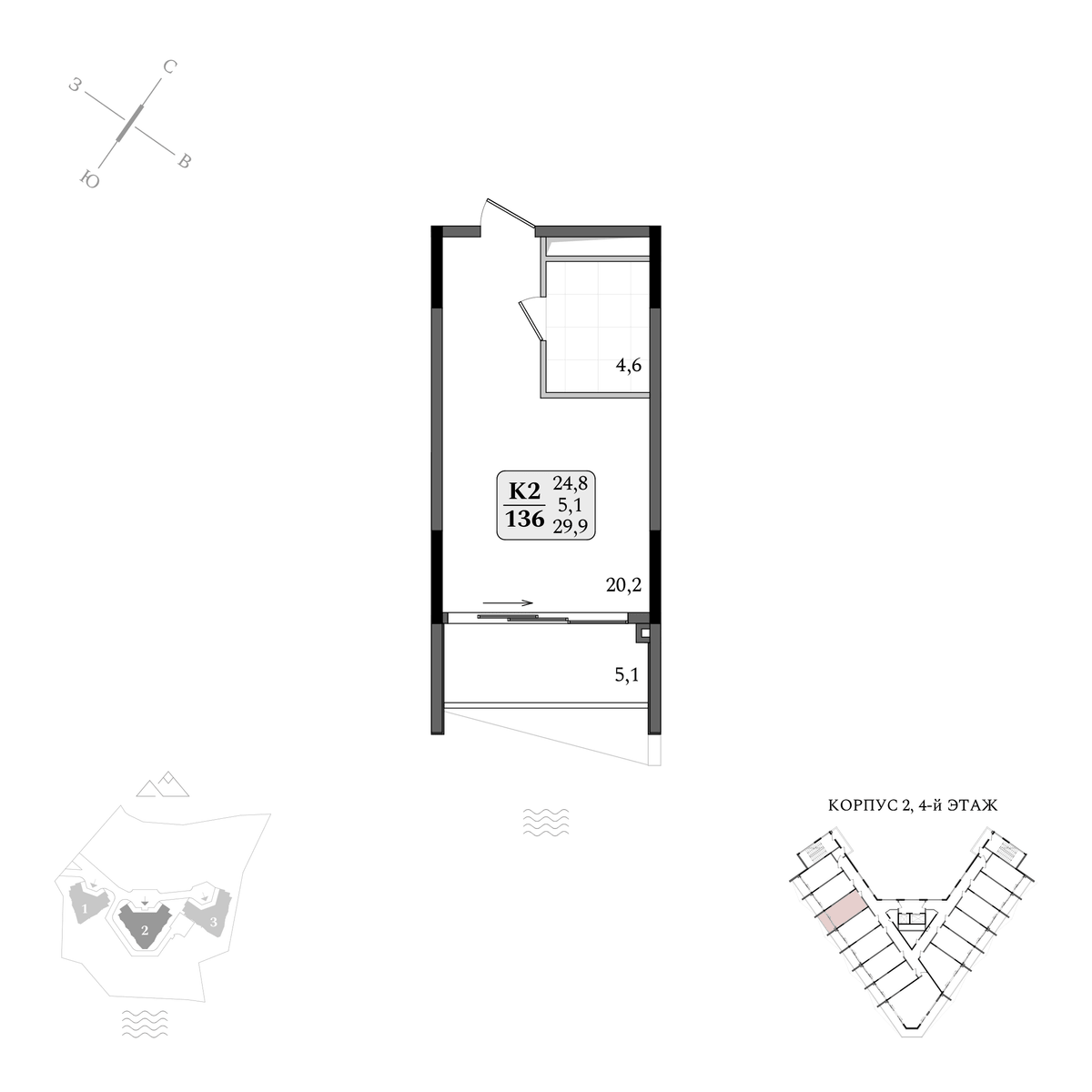 Планировка Студия площадью 29.90 м² с видом на море №136 продаётся в городе Алушта «АК Летто» от застройщика по цене 15 926 590 ₽ – Море Близко