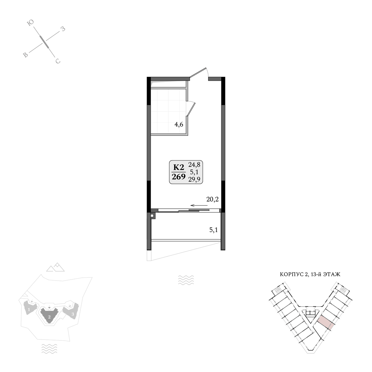 Планировка Студия площадью 29.90 м² с видом на море №269 продаётся в городе Утёс «АК Летто» от застройщика по цене 16 041 750 ₽ – МОРЕ БЛИЗКО