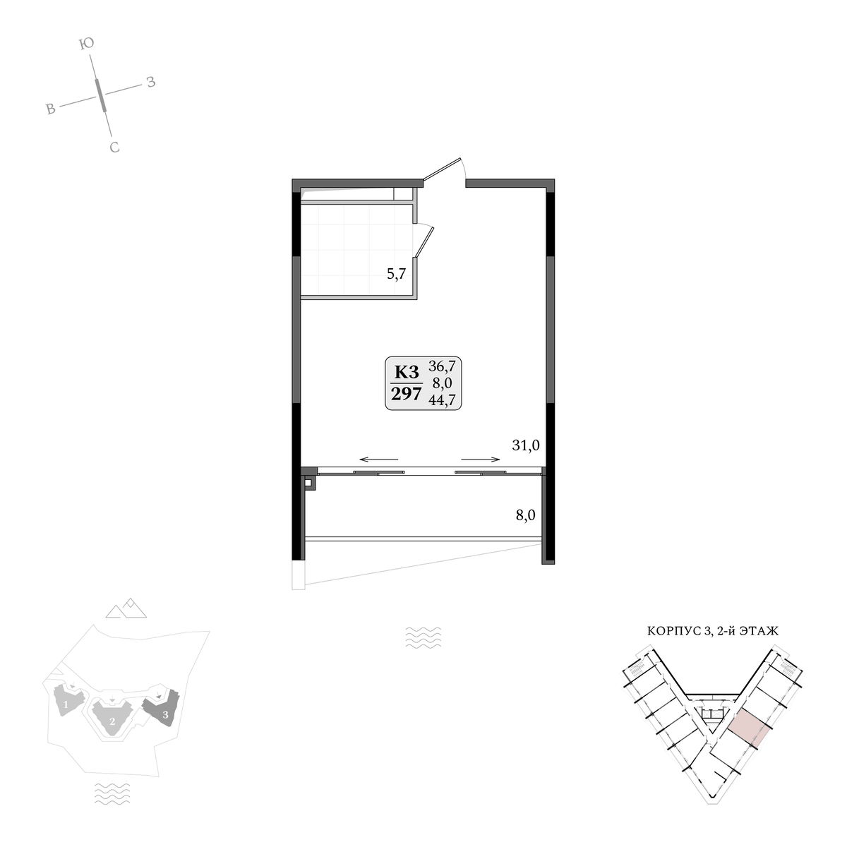 Планировка Студия площадью 44.70 м² с видом на море №297 продаётся в городе Утёс «АК Летто» от застройщика по цене 18 096 550 ₽ – МОРЕ БЛИЗКО