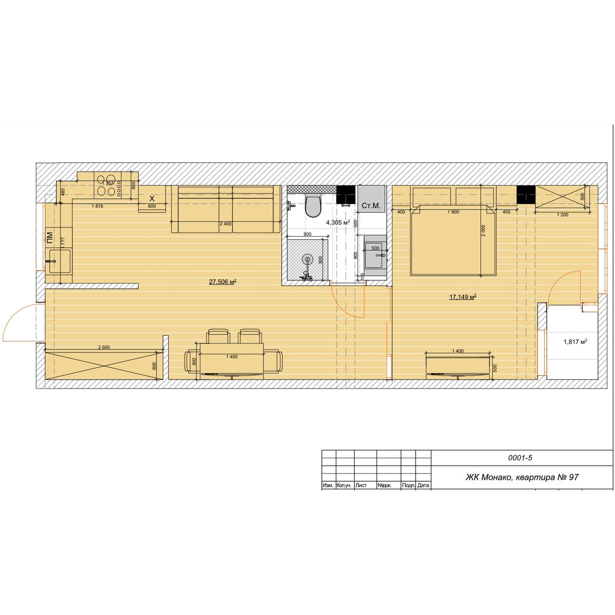 Планировка Квартира 1‑комнатная площадью 51.25 м² с видом на море №97 продаётся в городе Ялта «ЖК Монако» от застройщика по цене 23 500 120 ₽ – МОРЕ БЛИЗКО