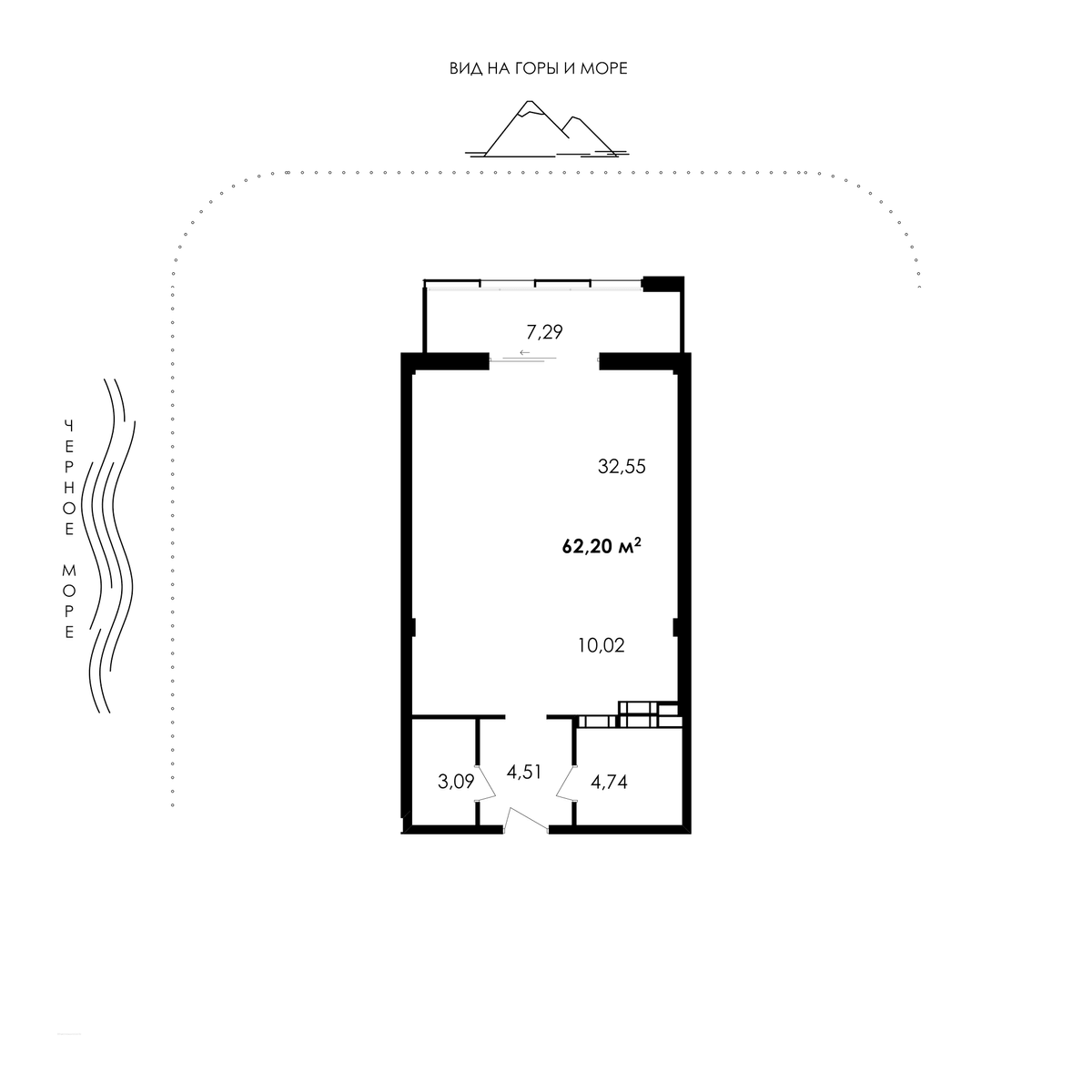 Планировка Апартамент 1‑комнатный площадью 62.20 м² с видом на горы №А-113 продаётся в городе Алушта «АК Парк Плаза» от застройщика по цене 37 237 357 ₽ – Море Близко