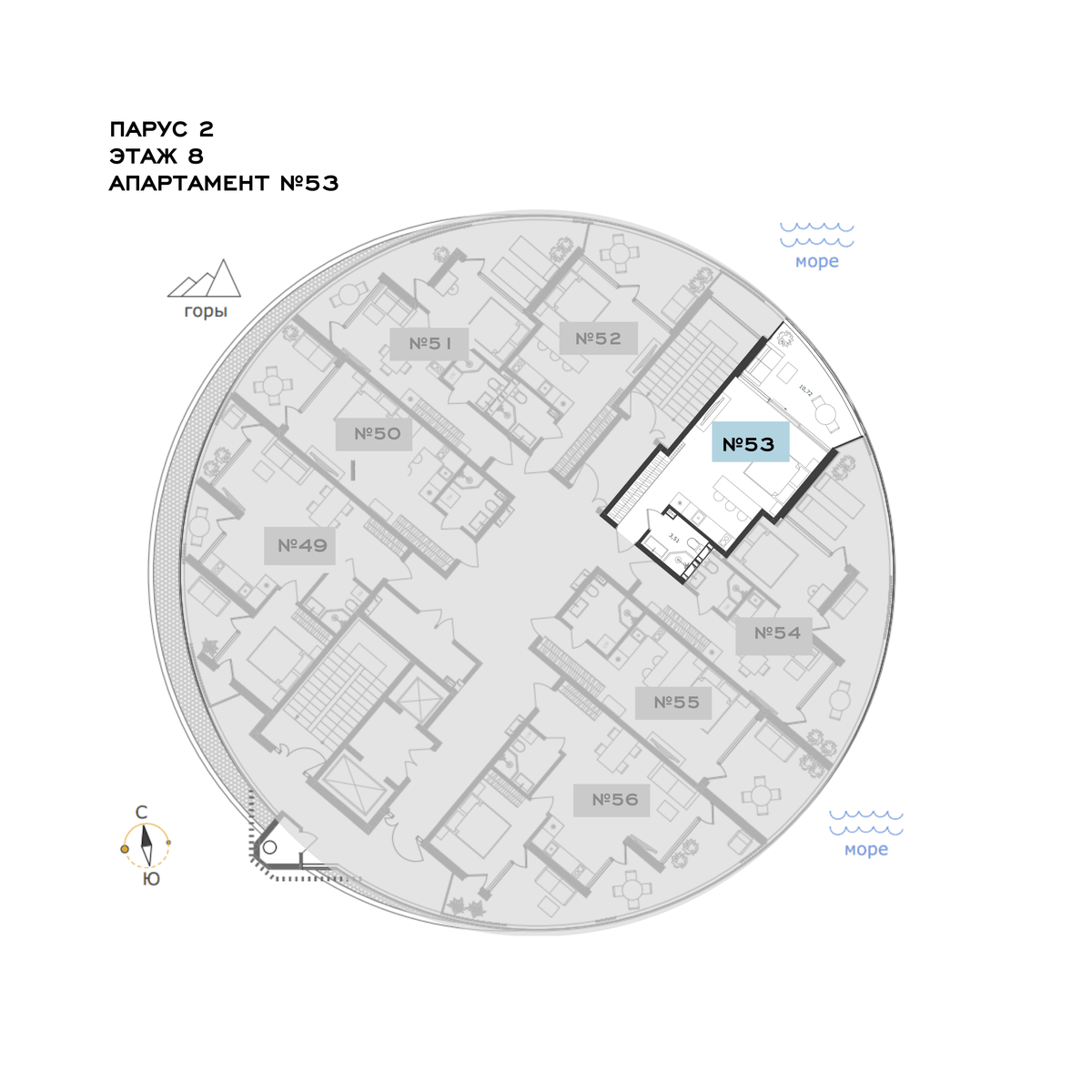 Планировка Студия площадью 42.30 м² с видом на море и горы №53Ап/2-8 продаётся в городе Алушта «АК Паруса Мечты» от застройщика по цене 22 124 310 ₽ – МОРЕ БЛИЗКО