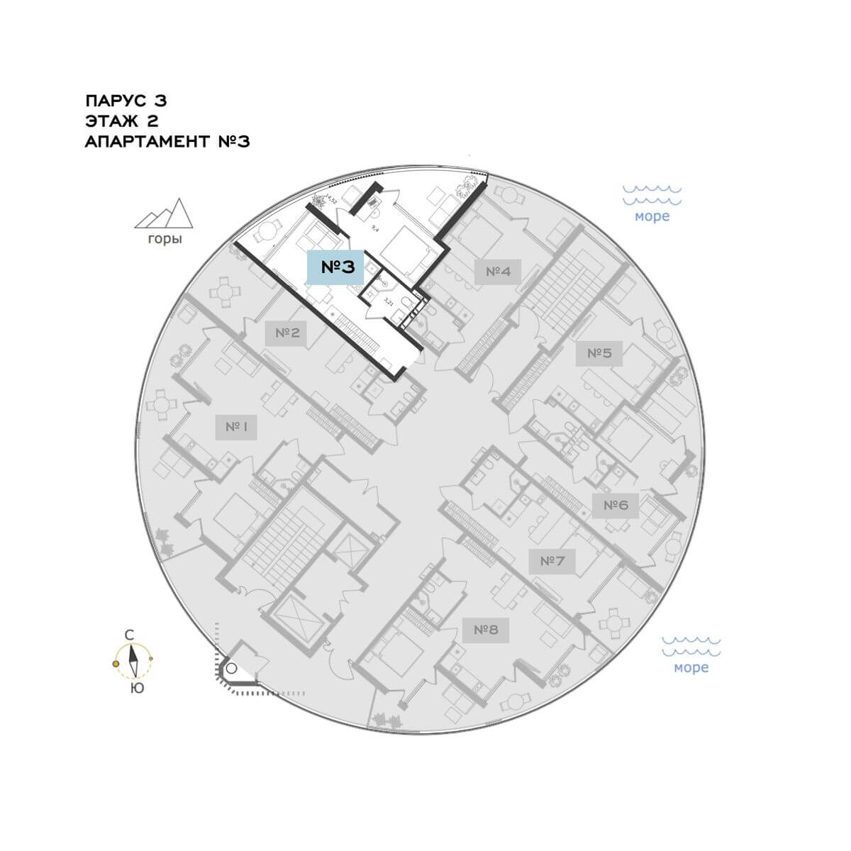Планировка Апартамент 1‑комнатный площадью 54.32 м² с видом на море и горы №3Ап/3-2 продаётся в городе Алушта «АК Паруса Мечты» от застройщика по цене 20 648 150 ₽ – МОРЕ БЛИЗКО