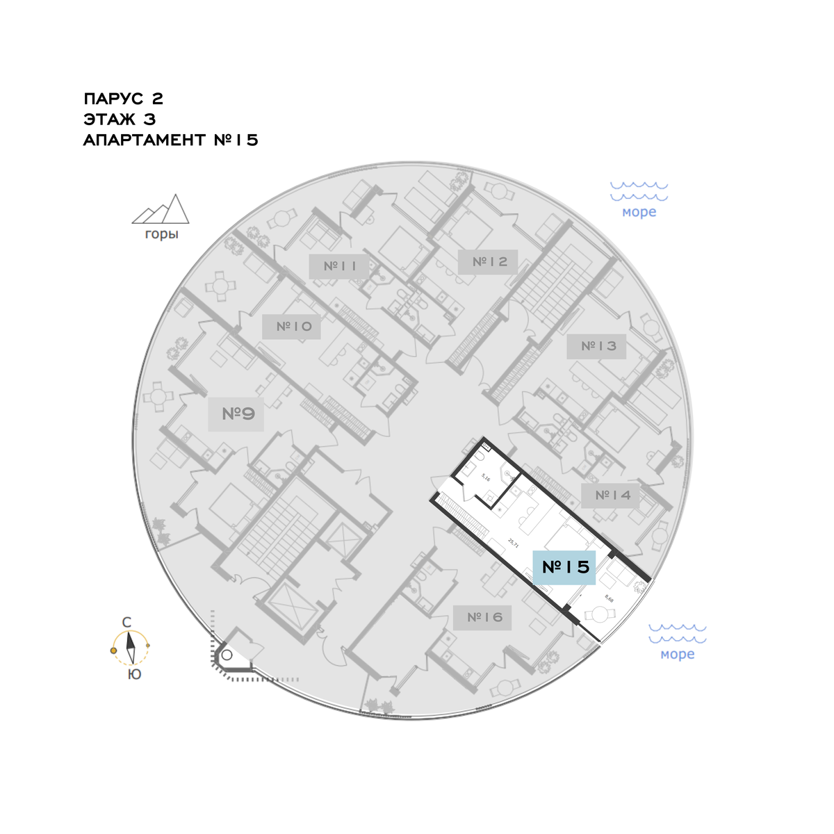 Планировка Студия площадью 39.97 м² с видом на море №15Ап/2-3 продаётся в городе Алушта «АК Паруса Мечты» от застройщика по цене 16 960 330 ₽ – МОРЕ БЛИЗКО