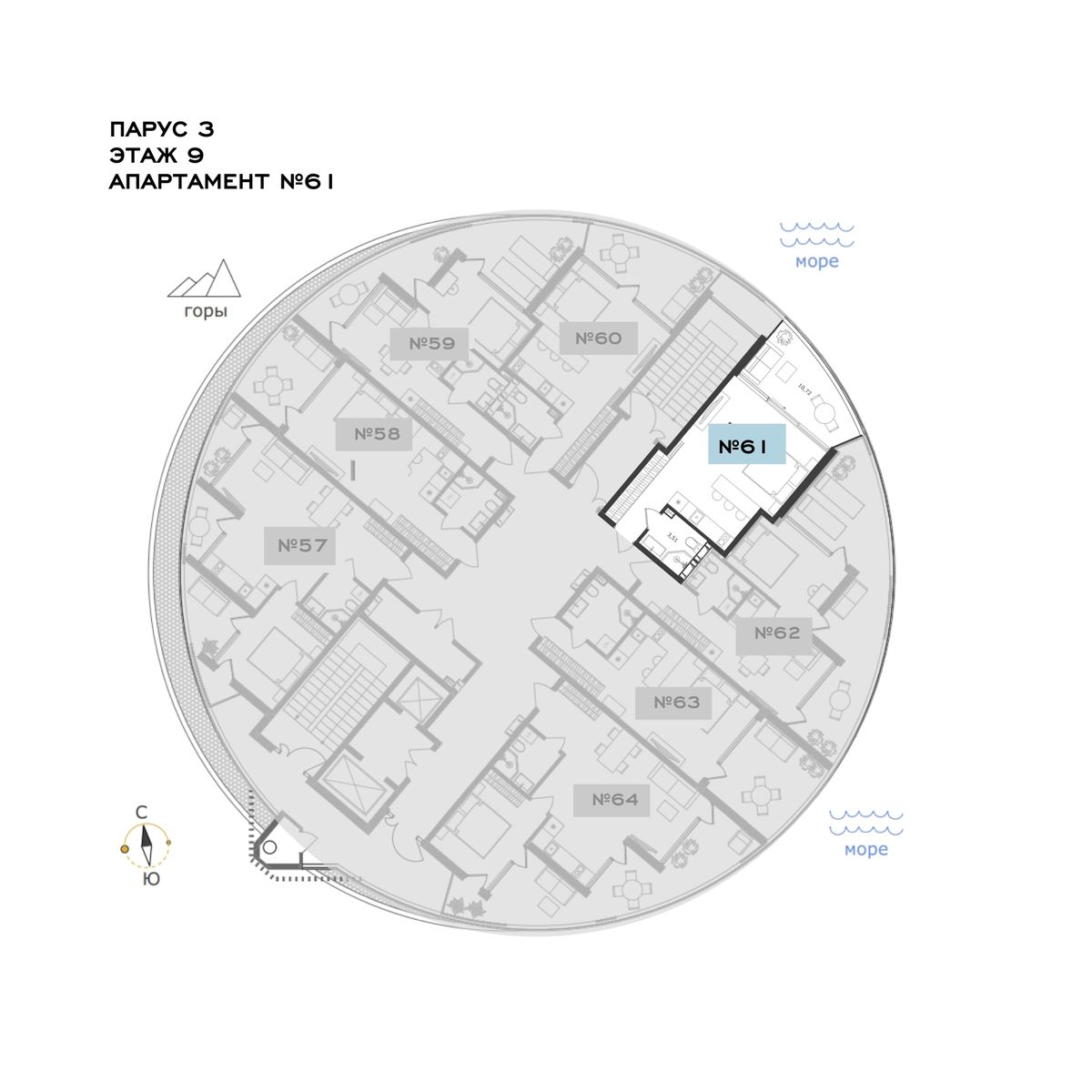 Планировка Студия площадью 36.46 м² с видом на море №61Ап/3-9 продаётся в городе Алушта «АК Паруса Мечты» от застройщика по цене 20 407 600 ₽ – МОРЕ БЛИЗКО