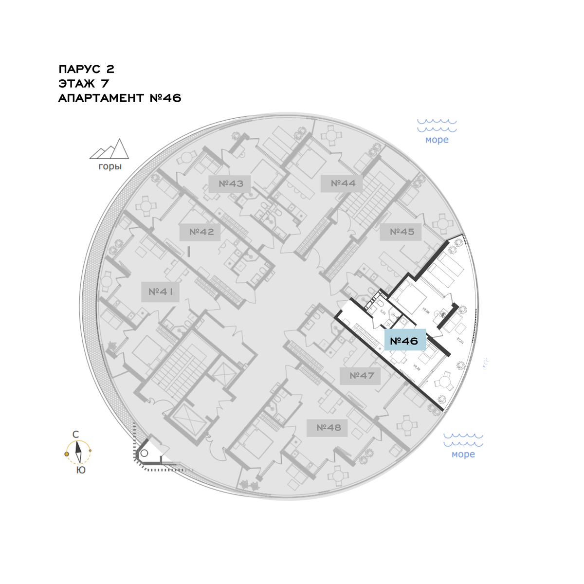Планировка Апартамент 1‑комнатный площадью 60.12 м² с видом на море и горы №46Ап/2-7 продаётся в городе Алушта «АК Паруса Мечты» от застройщика по цене 30 311 760 ₽ – МОРЕ БЛИЗКО