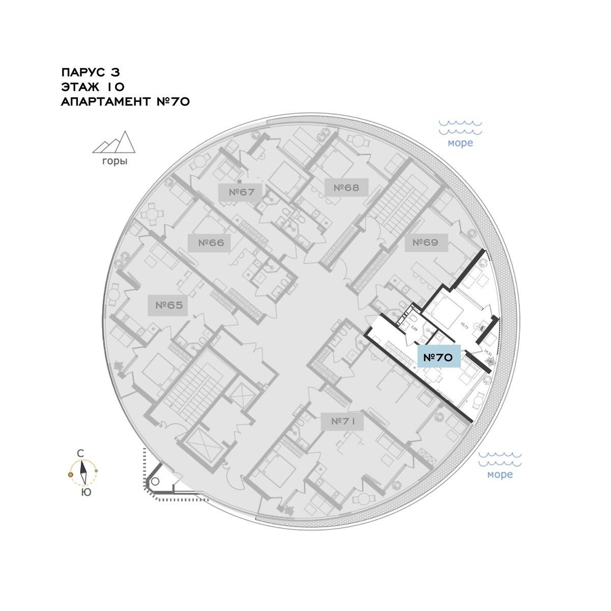 Планировка Апартамент 1‑комнатный площадью 45.51 м² с видом на море №70Ап/3-10 продаётся в городе Алушта «АК Паруса Мечты» от застройщика по цене 25 294 870 ₽ – МОРЕ БЛИЗКО