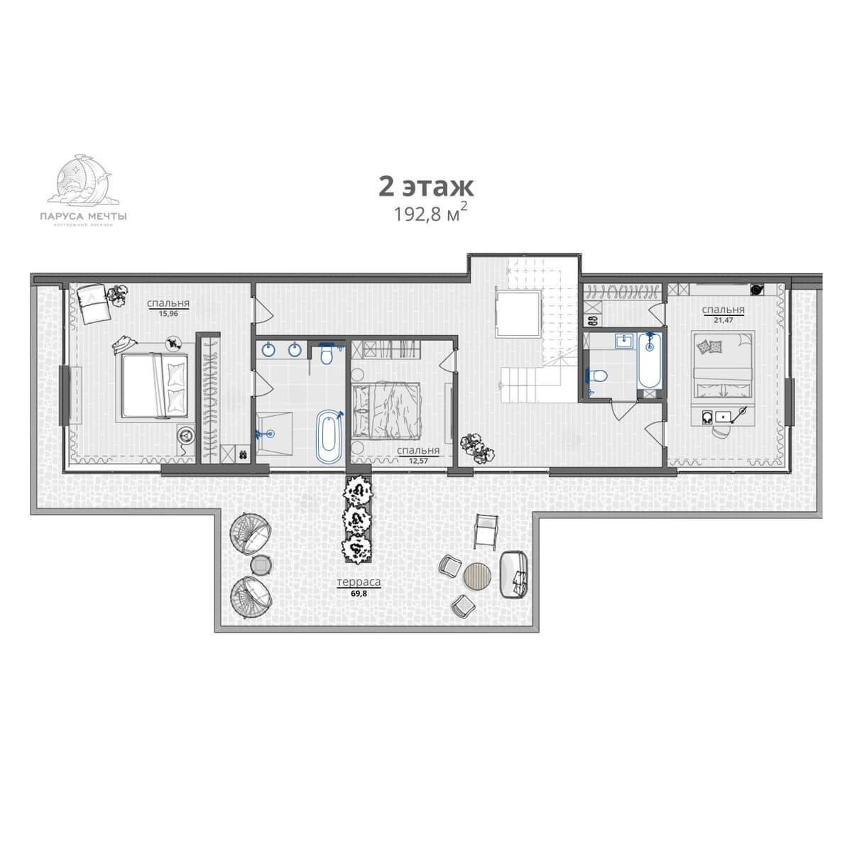 Планировка Коттедж площадью 493.70 м² с видом на море и горы №75 продаётся в городе Алушта «КП Паруса Мечты» от застройщика по цене 275 000 000 ₽ – Море Близко