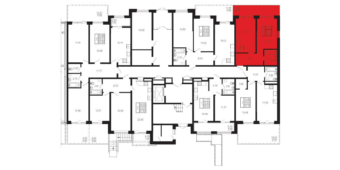 Планировка Квартира 1‑комнатная площадью 44.79 м² №179 продаётся в городе Феодосия «ЖК Просторы Крыма» от застройщика по цене 9 764 220 ₽ – МОРЕ БЛИЗКО