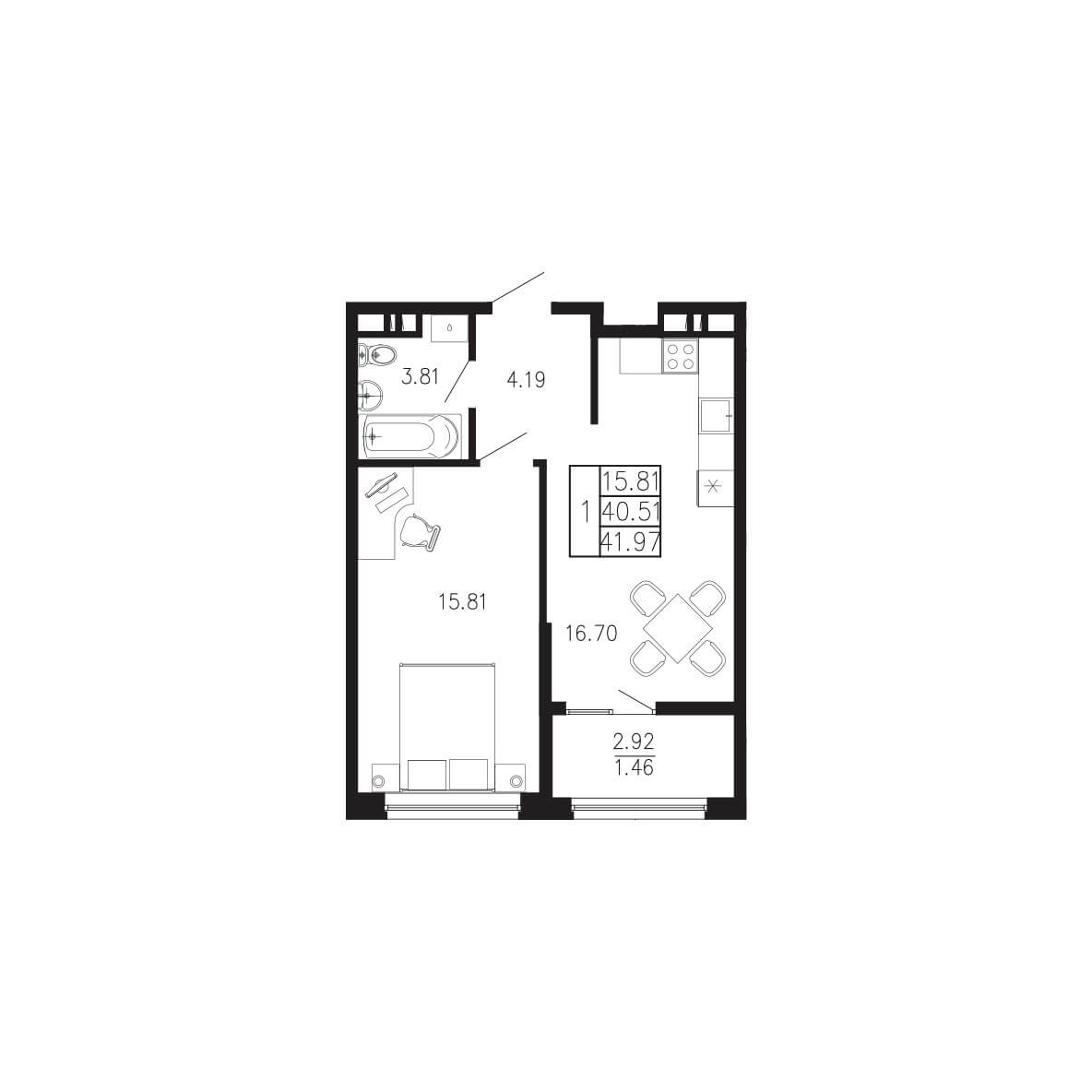 Планировка Квартира 1‑комнатная площадью 41.97 м² №45 продаётся в городе Феодосия «ЖК Просторы Крыма» от застройщика по цене 7 134 900 ₽ – МОРЕ БЛИЗКО